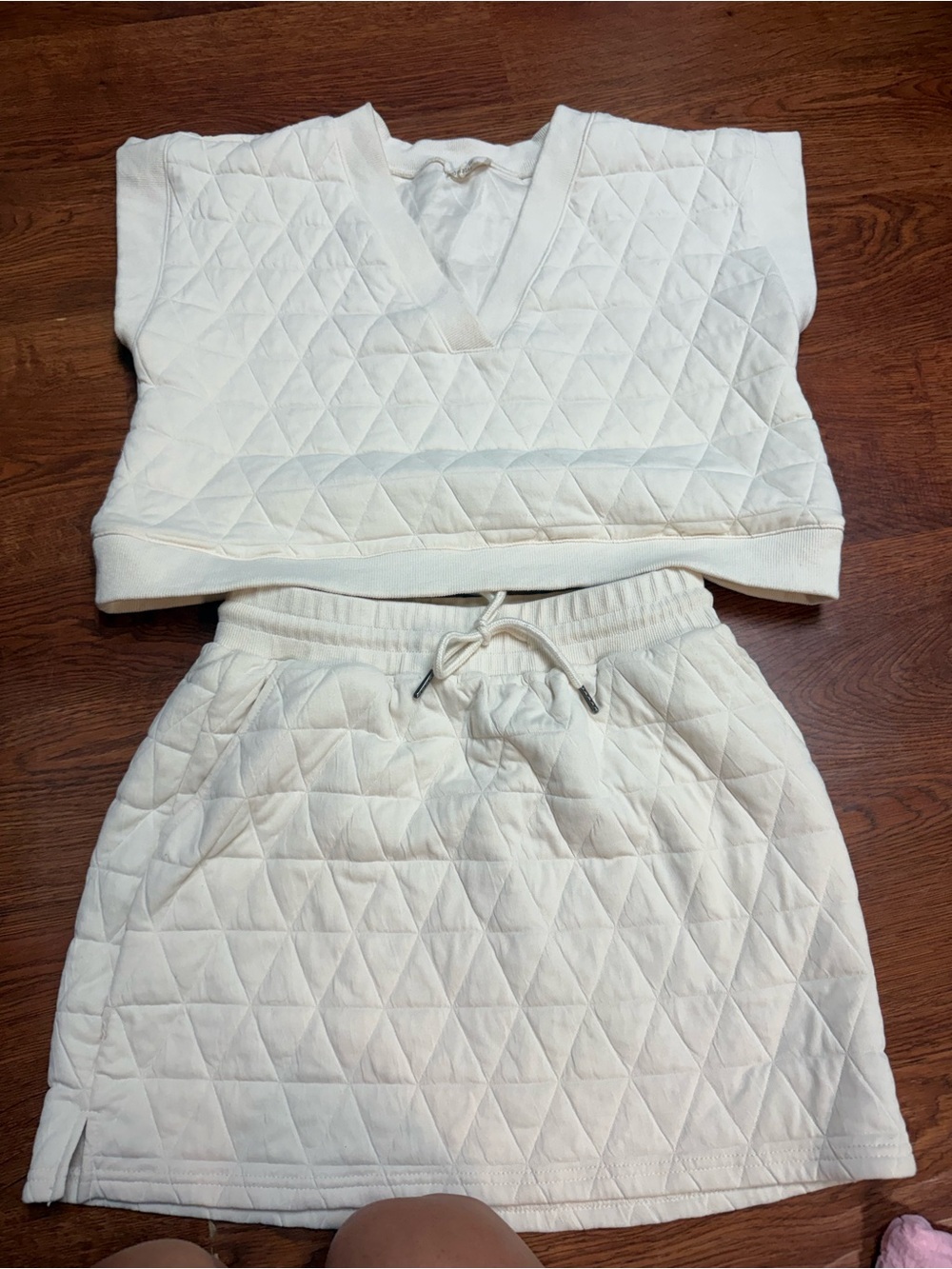 Quilted Two-Piece Crop Top + Skirt Set in Cream